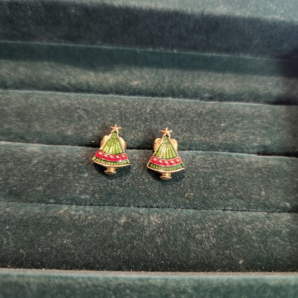 Gold and Green Christmas Tree Earrings